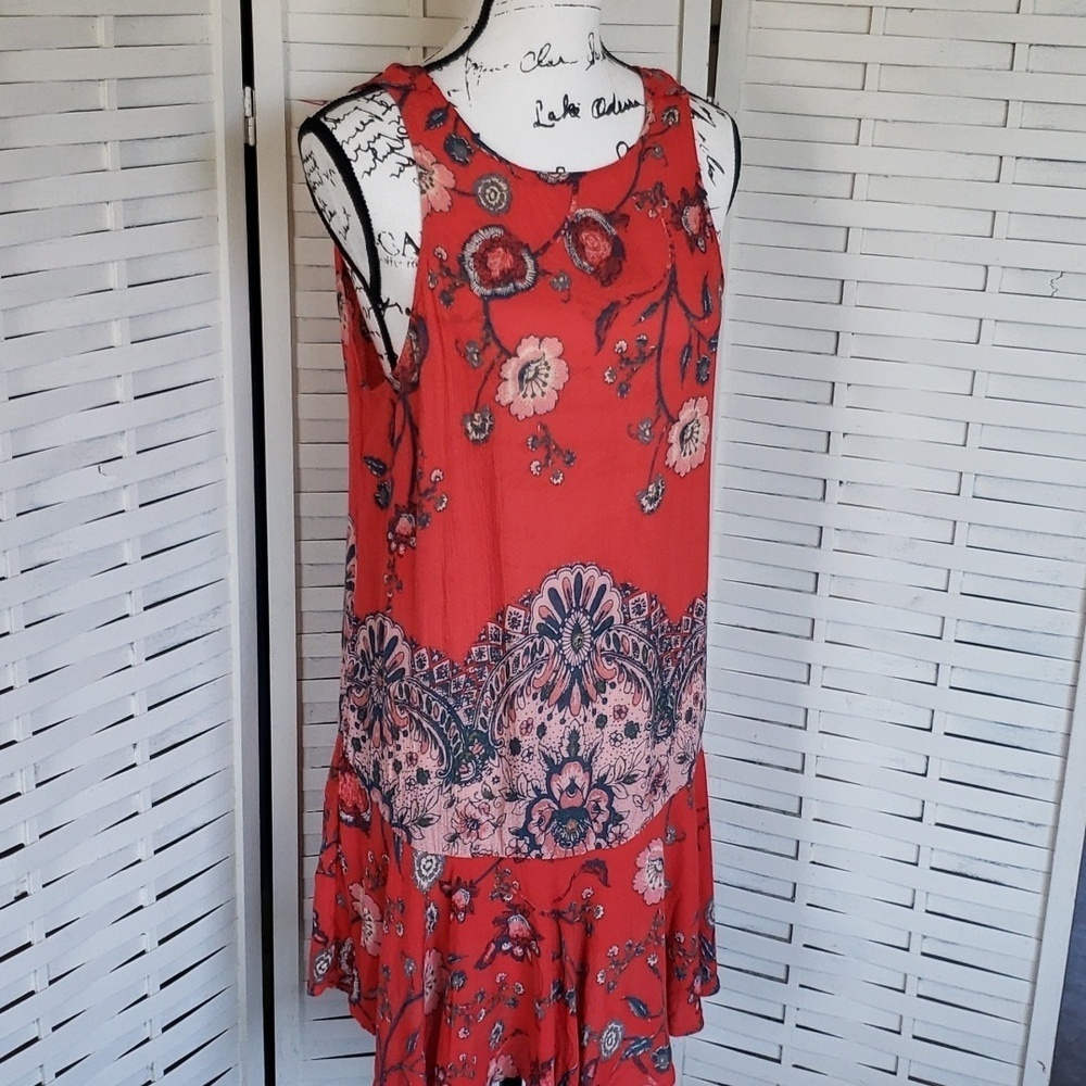 Free People intimately red floral backless tiared asimetric hem dress size S - Picture 1 of 6